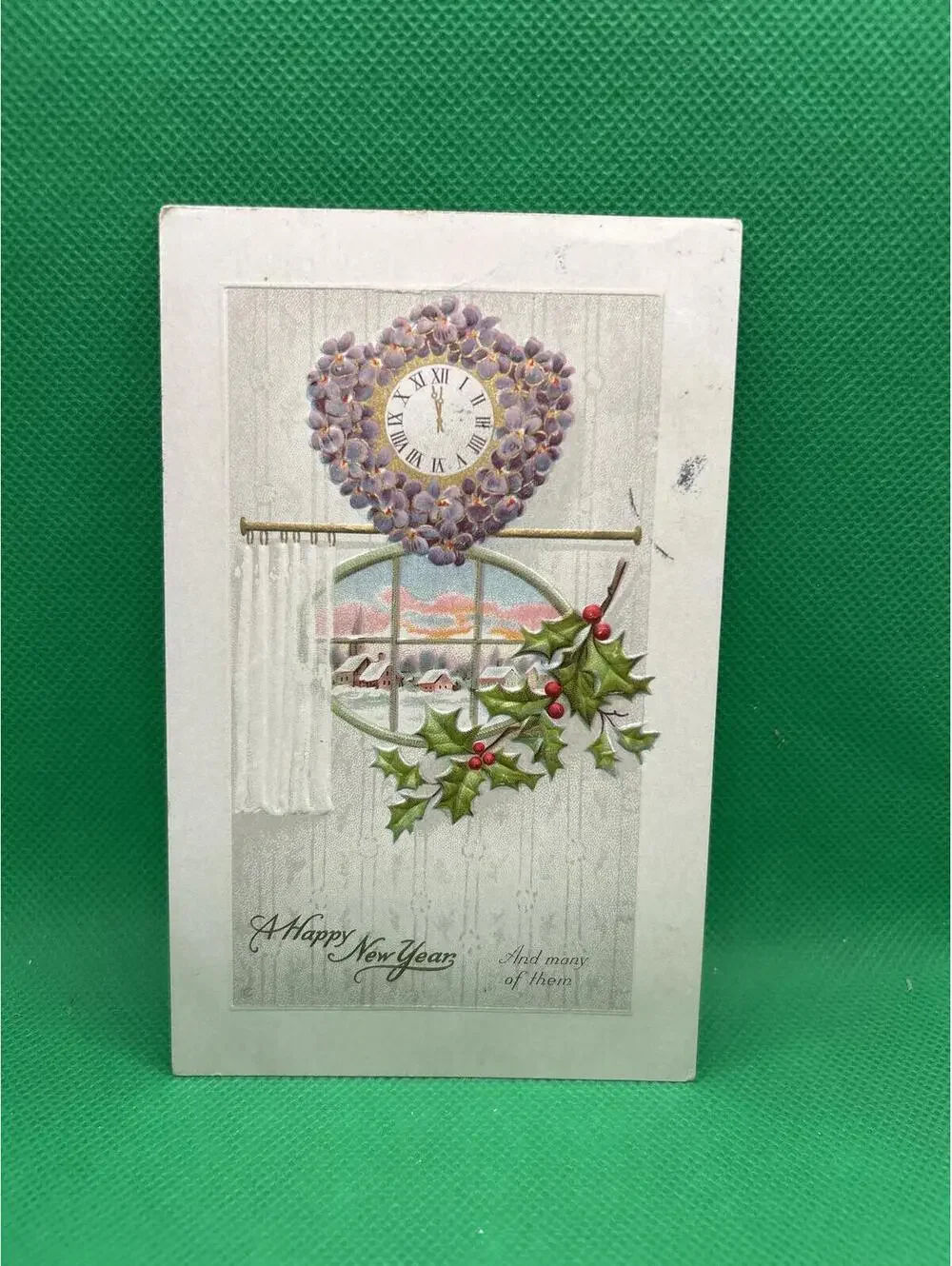 Vintage Embossed New Year Postcard with Clock and Holly Design =box5 -box5